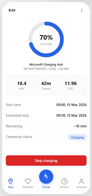 Elvo Driver App on phone showing live charging session